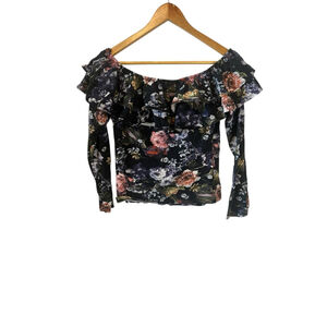 H&M Top Women’s Floral Medium Ruffle Off The Shoulder Long Sleeve Short Shirt M